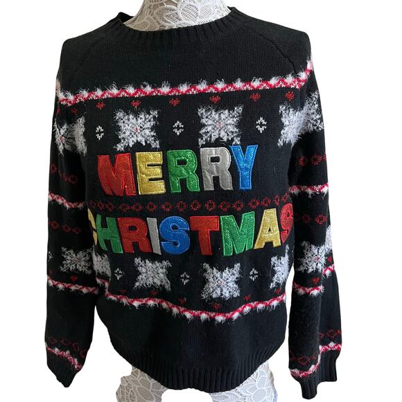 Holiday Time Black Christmas Sweater with multi colored letters & snowflakes - Picture 1 of 7